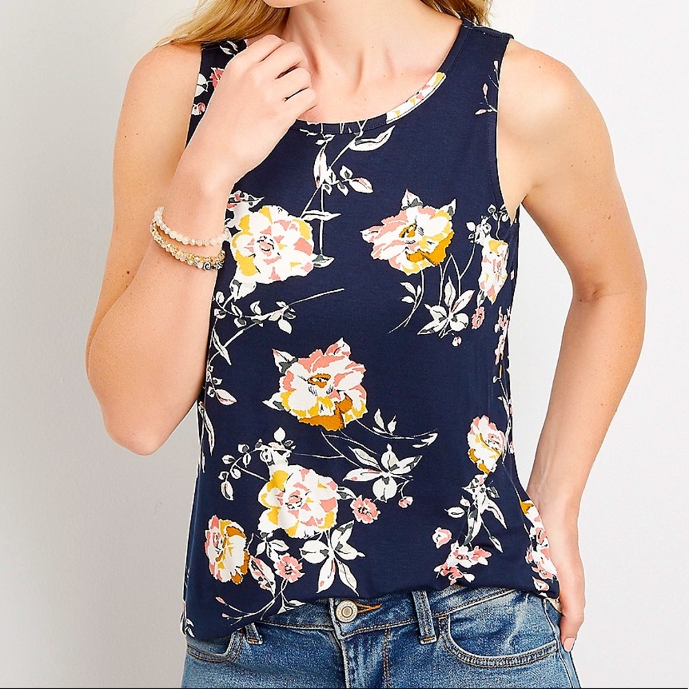 24/7 Blue Floral High Neck Tank Top by Maurices